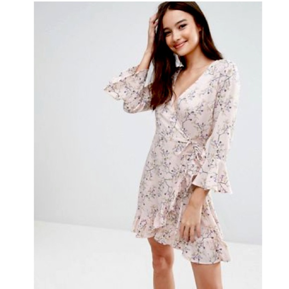 Influence Floral Wrap Over Ruffle Dress in light pink spring summer